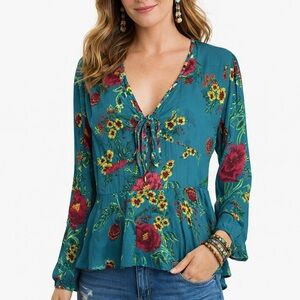 Gypsy Love Peplum Top Womens L Green Tie Front Floral Hippie‎ Boho Cottagecore